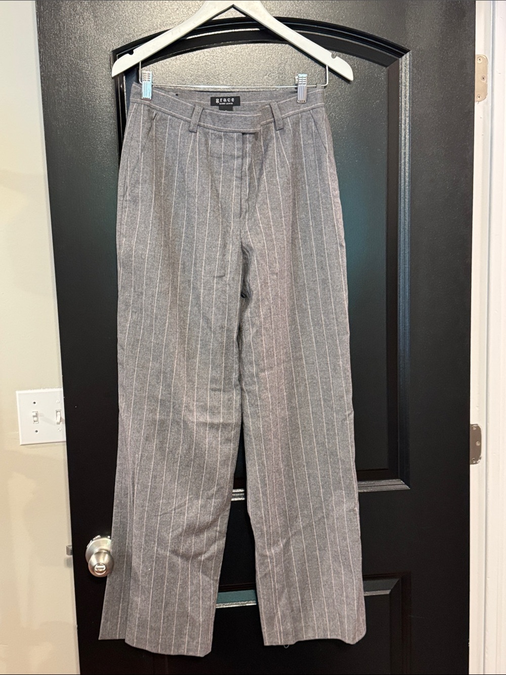 Grace Wide-Leg Pinstripe Trousers in Gray